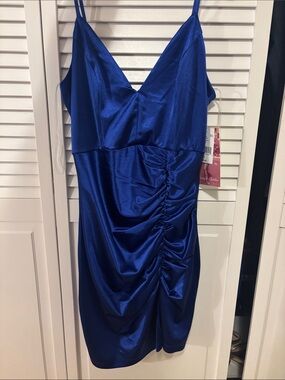 Blue Satin Ruched Slip Dress - Women's